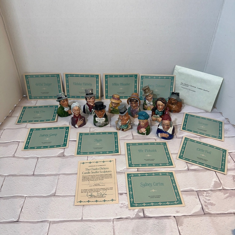 Franklin Porcelain Charles Dickens Candle Snuffer Sculptures Set of 12‎ with COA